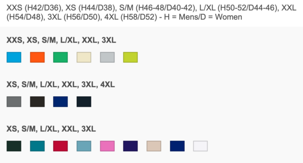 maten tabel en beschikbare kleuren badjas