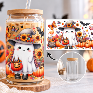 Halloween UV-DTF wrap voor canned glas met een schattig heksenspookje, zonnebloemen, pompoenen en herfstbladeren