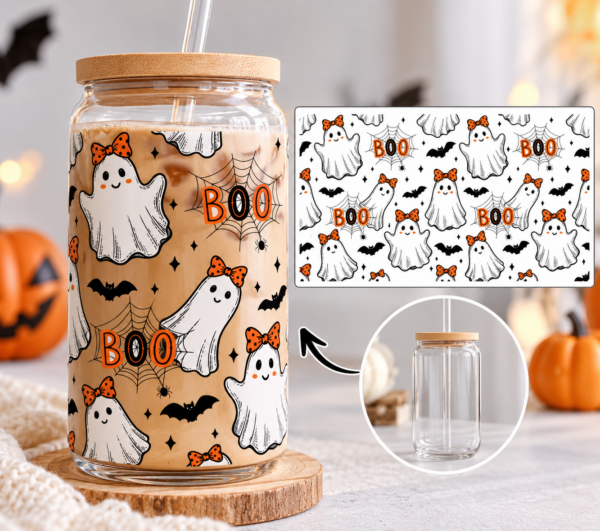 Halloween UV-DTF wrap voor canned glas met schattige spookjes, oranje strikjes, vleermuizen en BOO-details