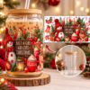Kerst UV-DTF wrap voor canned glas met sneeuwman, kerstkaarsen, cadeautjes en de tekst Just a Girl Who Loves Christmas