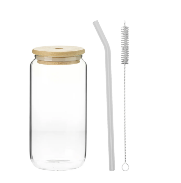 Blanco glas in blikjesvorm 473 ml – inclusief rietje, deksel en borsteltje