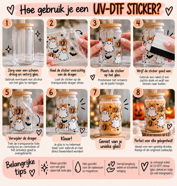 Stap voor stap uitleg om een UV-DTF sticker op glas aan te brengen, met reinigen, positioneren, aandrukken en de drager verwijderen – Da’sTof.