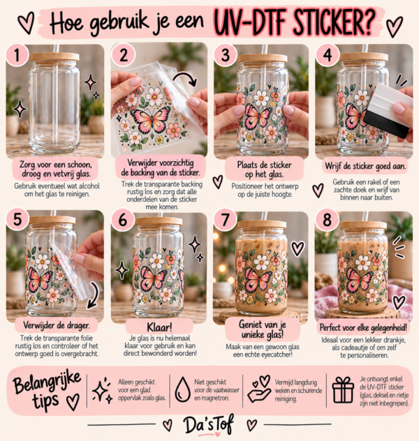 Stap voor stap uitleg om een UV-DTF sticker op glas aan te brengen, met reinigen, positioneren, aandrukken en de drager verwijderen – Da’sTof.